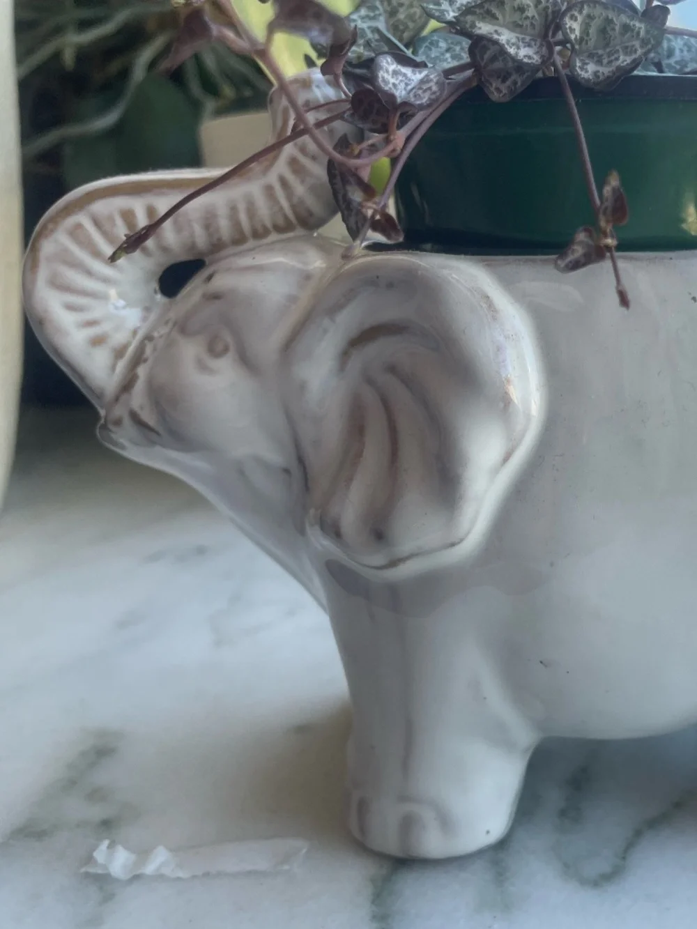 McCoy USA Antique Elephant Texted Green Planter With Dish Vase Flower Pot